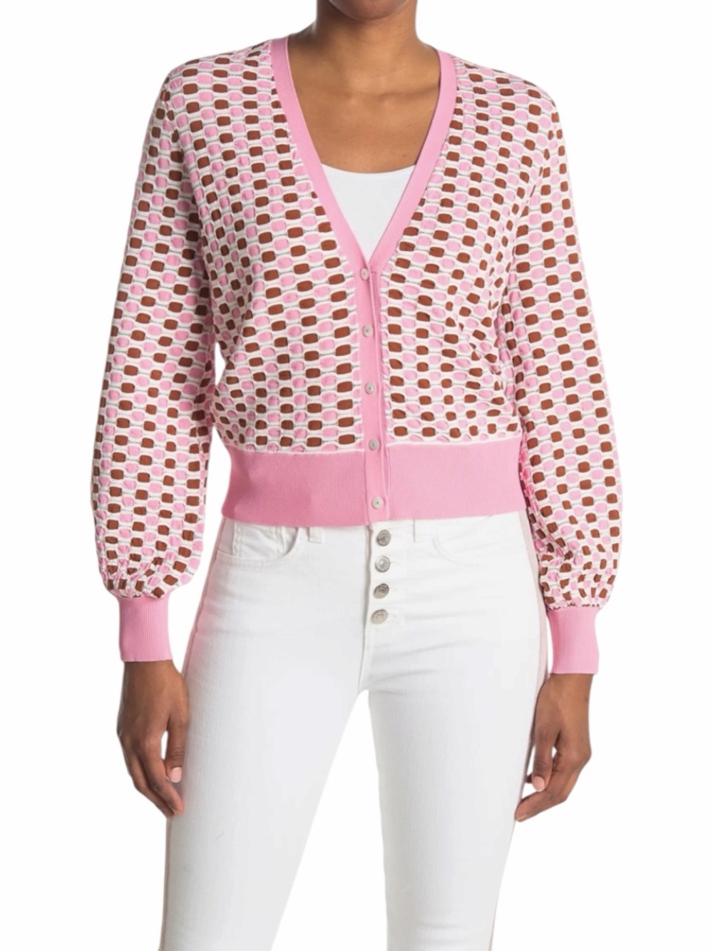 Veronica Beard Loraine Balloon Sleeve Cardigan Pink Brown Geometric M